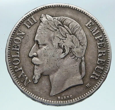 1870B FRANCE Emperor NAPOLEON III Antique Arms Silver 5 Franc French Coin i86352 - Image 1 of 3