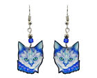Flower Petal Cat Face Earrings Abstract Pattern Blue Pet Art Boho Kitten Jewelry
