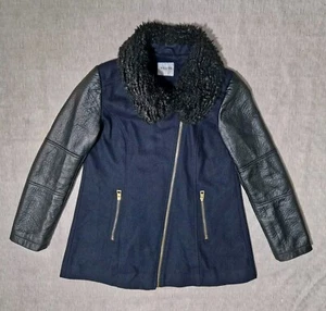 Guess Jacket Womens M Blue Black Wool Faux Leather Faux Fur Collar Zip Lined - Picture 1 of 23