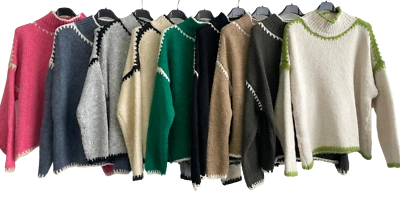 Ladies Italian Soft Knit Cosy Wool Blend High Neck Blanket Stitch Jumper - Image 1 of 4
