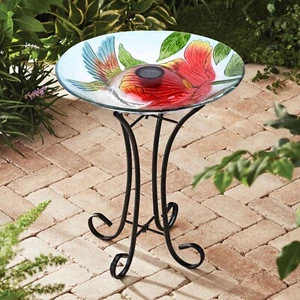 Solar Glass Bird Bath W/Metal Stand-Hummingbird &Poppy Summer Garden Decor - Picture 1 of 5