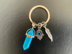 Hamsa Evil Eye Gemstone Turquoise Keyring Key Ring Chain Hand Mati Stone Feather - Picture 1 of 1
