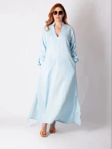 EUG Moda 2XL 100% Lino Bebé Azul Largo Ligero Vestido Enas Vacation Resort - Imagen 1 de 9