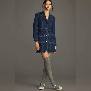 Pilcro Anthropologie Denim Belted Jean Blazer Dress Size M Coat Jacket - Picture 1 of 7