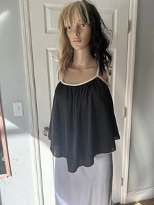 Vintage schwarz-weiß 70er Jahre Kontrast-Besatz fließende Babypuppe Bauer Flatter Top - Bild 1 von 5