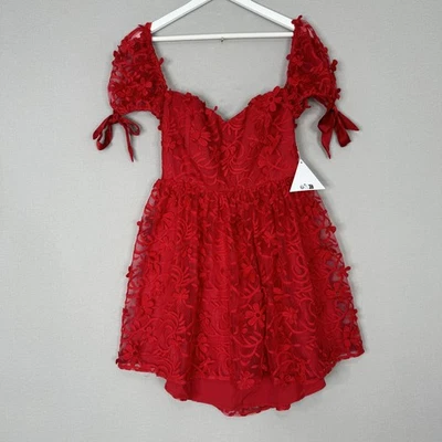 Vestido Love Triangle Para Mujer 16 Rojo Encaje Mini Floral Manga Abullonada Coqueta Romántico Foto 1 de 4