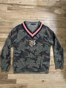 Polo Ralph Lauren Camouflage Tiger Patch V-Ausschnitt Zopfmuster Pullover Gr. M - Bild 1 von 13