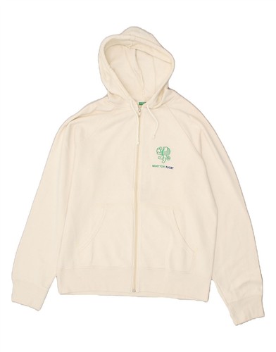 OFF WHITE BENETTON maglione donna zip cappuccio UK 14 medio bianco sporco cotone BI15