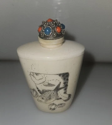 Antique Chinese Bone Snuff Bottle Dual Fish Scene Tobaccania Collectible  2.5" - Image 1 of 4