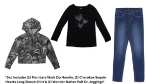 Members Mark Hoodie/Cherokee Sequin Hearts Tee & Blue Jeggings SZ L (10/12) Plus - Picture 1 of 6