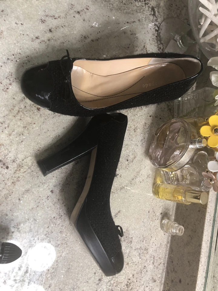 KATE SPADE BLACK Herringbone Metallic Wool PLATFORM PUMPS US 8 - Image 1 of 4