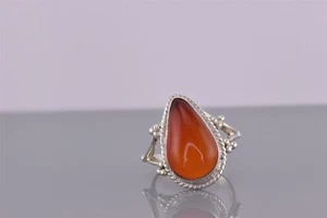 Sterling Silver Orange Carnelian Agate Teardrop Rope Trim Band Ring 925 Sz: 6 - Picture 1 of 8