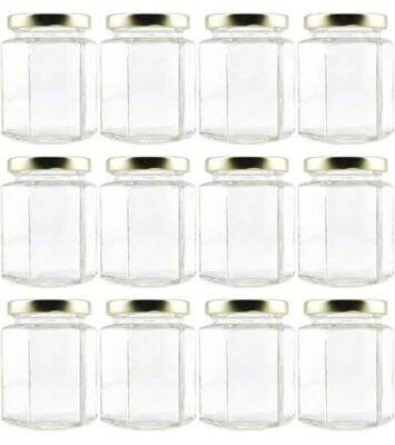 6-Ounce Hexagon Glass Jars (12-Pack) Empty Hex Jars w/Gold Lids, NEW - Image 1 of 4