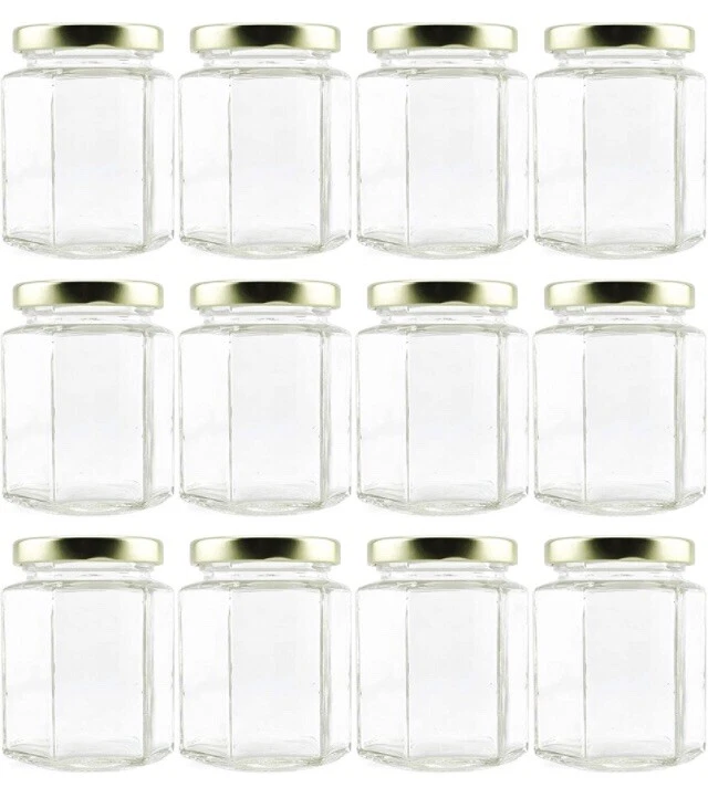 6-Ounce Hexagon Glass Jars (12-Pack) Empty Hex Jars w/Gold Lids, NEW - Image 1 of 4