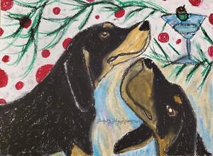 BLACK TAN COONHOUND Drinking a Martini 13 x 19 Dog Art Print Signed Artist KSams - Picture 1 of 2