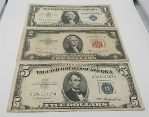 3 Note Lot $1 (1957 Silver Cert) $2 (1953C Red Seal) $5 (1953 Silver Cert)#808 - Picture 1 of 20