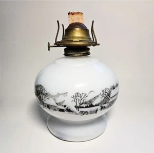 Vintage Currier & Ives Farm Scene Milk Glass Oil Lamp Base - Picture 1 of 9