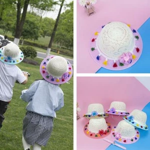 Children Kids Summer Straw Hat Sunhat Flower Visor Tassels Beach Foldable - Picture 1 of 17