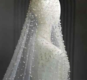 1Tier Wedding Veil with Pearls Long Luxury Bridal Veil with Comb Scattered Dense - Picture 1 of 18