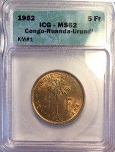 Congo 1952 5 francos latón, ICG MS62 huelga de circulación - Imagen 1 de 2