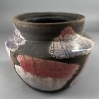 Raku Pottery Abstract Leaf Design Purple Pink Red Pot / Vase 3-1/2