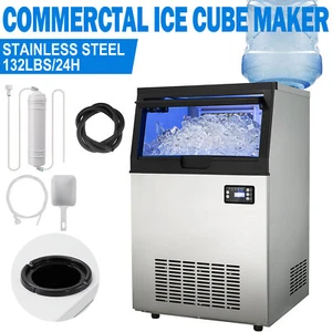 Built-in Commercial Ice Maker Stainless Steel Freestanding Cube Machine 132lbs - Picture 1 of 12