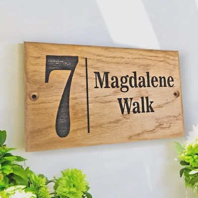 Personalised Oak House Number  Name Sign Carved  Engraved Outdoor Wooden Plaque - Image 1 of 4