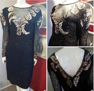 VESTIDO DE NOCHE VINTAGE SCALA NEGRO DORADO LENTEJUELAS SEDA TALLA MEDIANA Foto 1 de 4