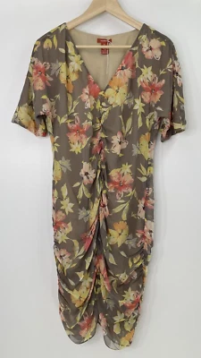 Vestido para mujer SUNDANCE de seda floral reunido cuello en V cremallera lateral talla 8 primavera Foto 1 de 4