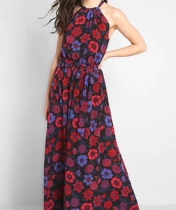Modcloth Illuminated Elegance Chiffon Maxi Dress Sz L Blue Red Floral Sleeveless - Picture 1 of 9