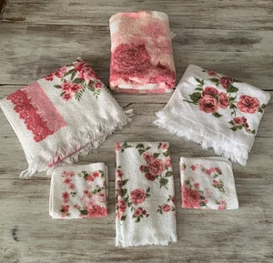 Vintage Set 6 rosa rote Rosen Handtücher Bad Handwäsche Fransen Baumwolle Kanone Fieldcrest - Bild 1 von 24