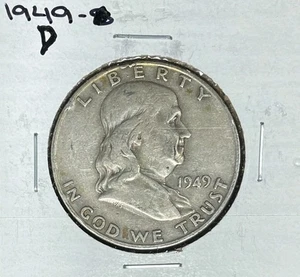 1949-D FRANKLIN SILVER HALF DOLLAR -XF+/AU ~NICE COIN~ 90% SILVER - Picture 1 of 2