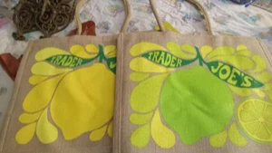 2 Trader Joe's Large Tote Bags Lemon and Lime Jute Burlap Reusable Shopping New - Picture 1 of 2