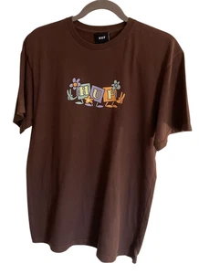 HUF Shirt Mens Medium Brown Graphic Floral Logo Tee 100% Cotton Skateboard Style - Picture 1 of 7