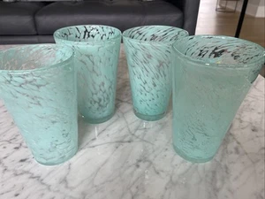 Hand Blown (4)pcs  Glass 6” Aqua Turquoise Splatter Swirl Thick Glasses, Murano? - Picture 1 of 6