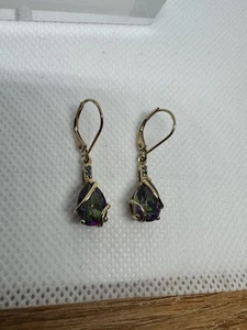10k Yellow Gold, Mystic Topaz, Blue Diamond Dangle/Drop Earrings 3g, Leverback - Picture 1 of 15