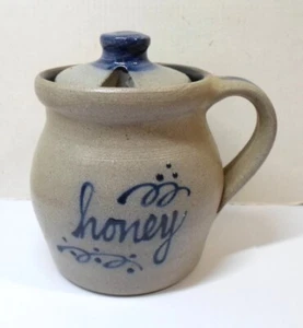 Vintage ROWE POTTERY HONEY JAR 1995 Salt Glaze Stoneware Blue Decoration 4.75" T - Picture 1 of 9