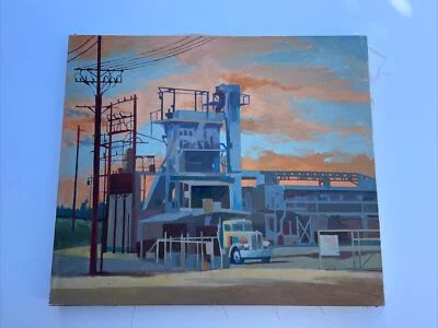 VINTAGE INDUSTRIAL PAINTING SUNSET LANDSCAPE AMERICAN Regionalism  30' LARGE - Image 1 of 4