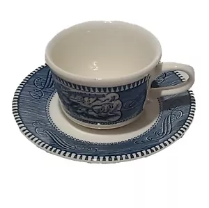 Scarce Royal Currier & Ives Blue On White Cocoa Cup With Loop Handle & Saucer - Picture 1 of 7