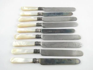 Antique Reed & Barton 9 Sterling Silver Banded Mother of Pearl Handle Spreaders - Picture 1 of 9