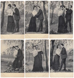 Edwardianisches Paar Toben im Freien ~ Vintage Posten von 6 romantischen Liebe Postkarten Romantik - Bild 1 von 13