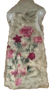 Dylan Sundance Faux Fur Long Vest Taupe with Painted Embroidered Red Flowers S - Picture 1 of 11