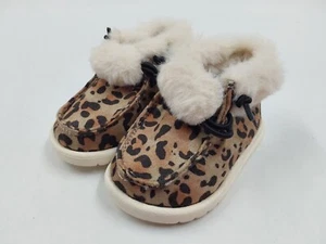 Brown Leopard Print Slip On Moc Toe Faux Fur Booties Infant Baby Girls Size 2 - Picture 1 of 6