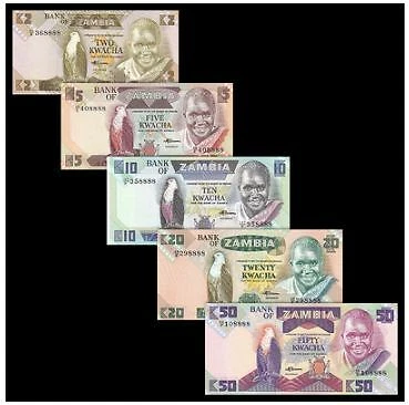 Zambia Banknote 5pcs Set (UNC) 全新 赞比亚 5张 (2,5,10,20,50克瓦查) 人头版 尾四同 #2 - Image 1 of 2