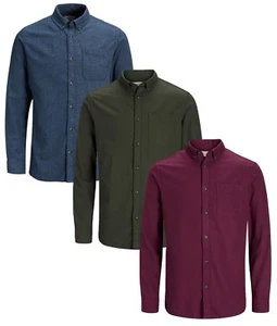 JACK & JONES Originals Long Sleeve Mens Regular Plain Cotton Button Down Shirts - Picture 1 of 7