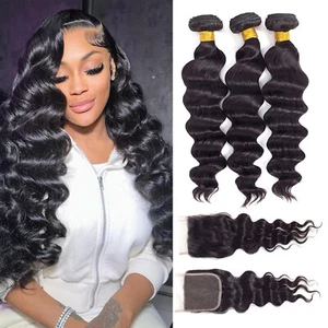 10A Human Hair Loose Deep Wave Bundles with Lace Closure Remy Virgin Hair Weft - Picture 1 of 13