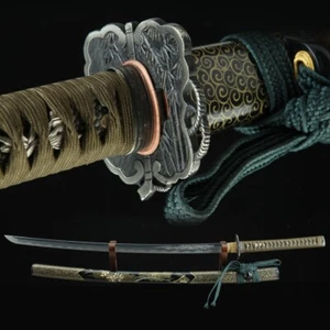 Tamahagane Steel Dragon Engraving Clay Tempered Katana Copper Leaf Fittings gree - Picture 1 of 12