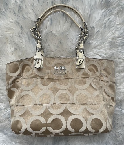 Borsa tote Coach M0994 14133 Madison Tribeca Art marrone chiaro crema raso firma CPrint