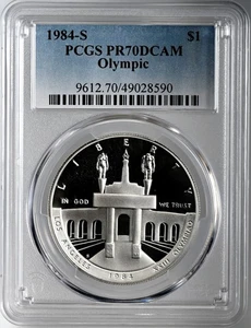 1984-S  $1 OLYMPIC PROOF SILVER DOLLAR COMMEMORATIVE PCGS PR70 DCAM #49028590 - Picture 1 of 4