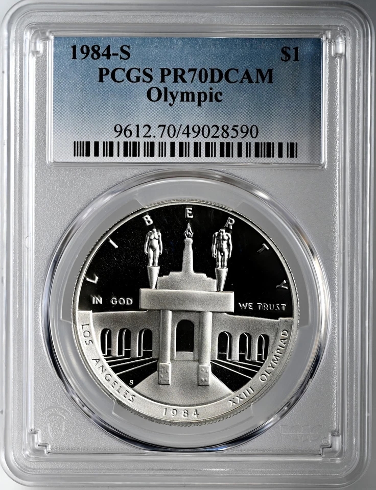 1984-S  $1 OLYMPIC PROOF SILVER DOLLAR COMMEMORATIVE PCGS PR70 DCAM #49028590 - Image 1 of 4
